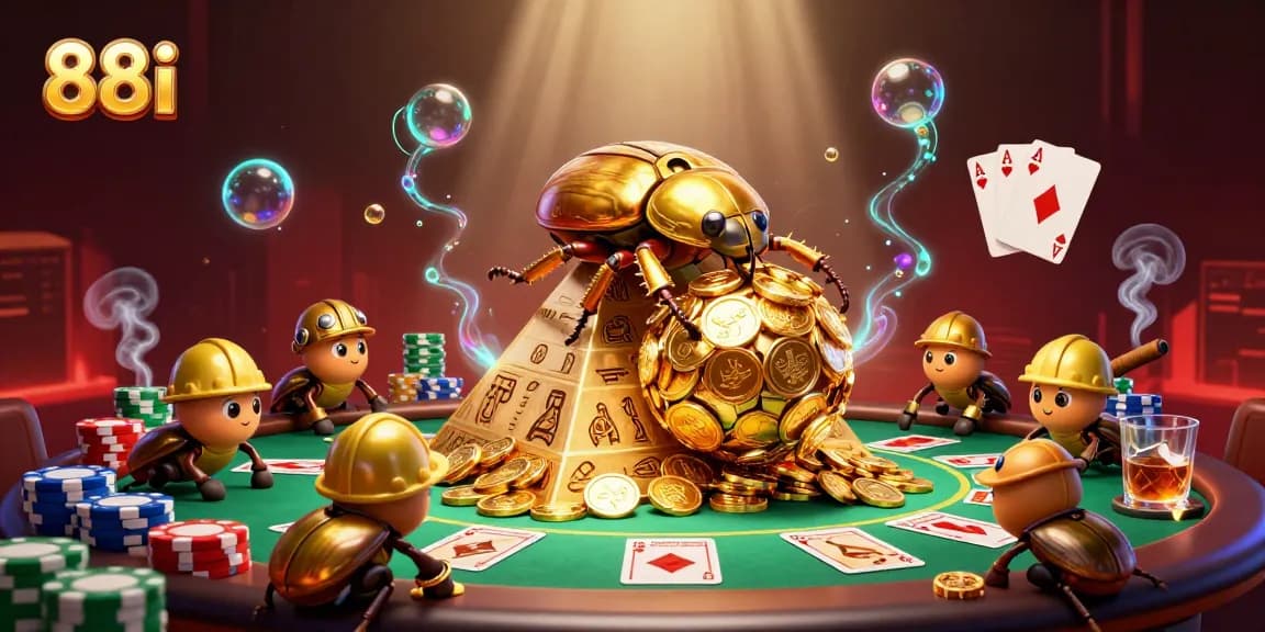 Engage in thrilling gameplay at 88i with a golden beetle transporting coins and poker elements in vibrant 3D.