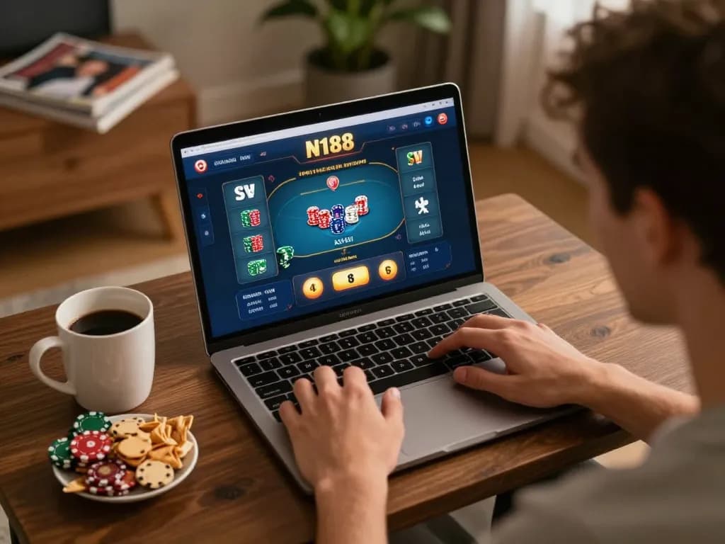 Player enjoying n188 online poker game with warm home setting and snacks.