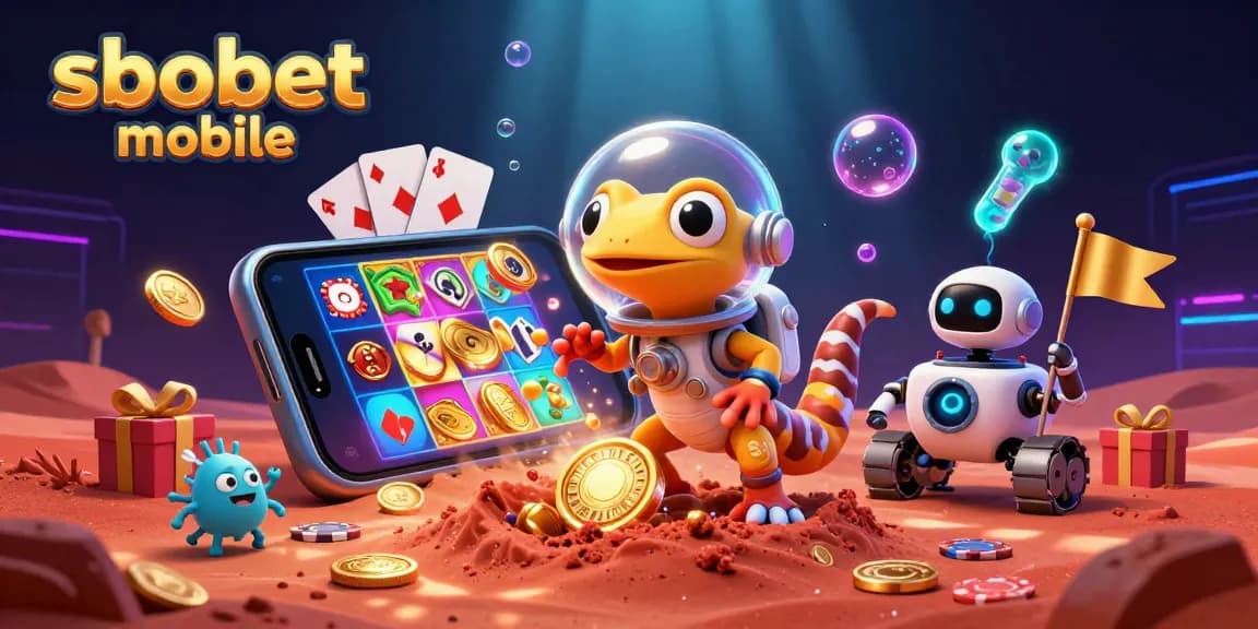 Engage in thrilling sbobet mobile gaming with a Martian gecko discovering a golden casino on Mars.