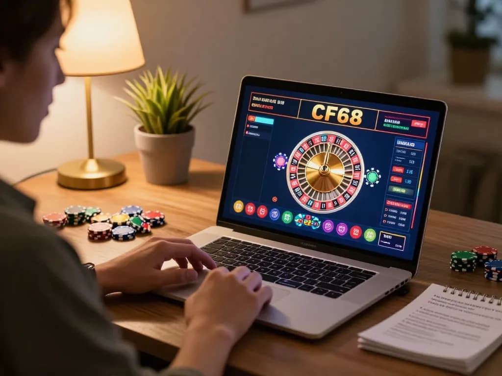 Engaged player enjoying CF68 online casino gaming with roulette on screen
