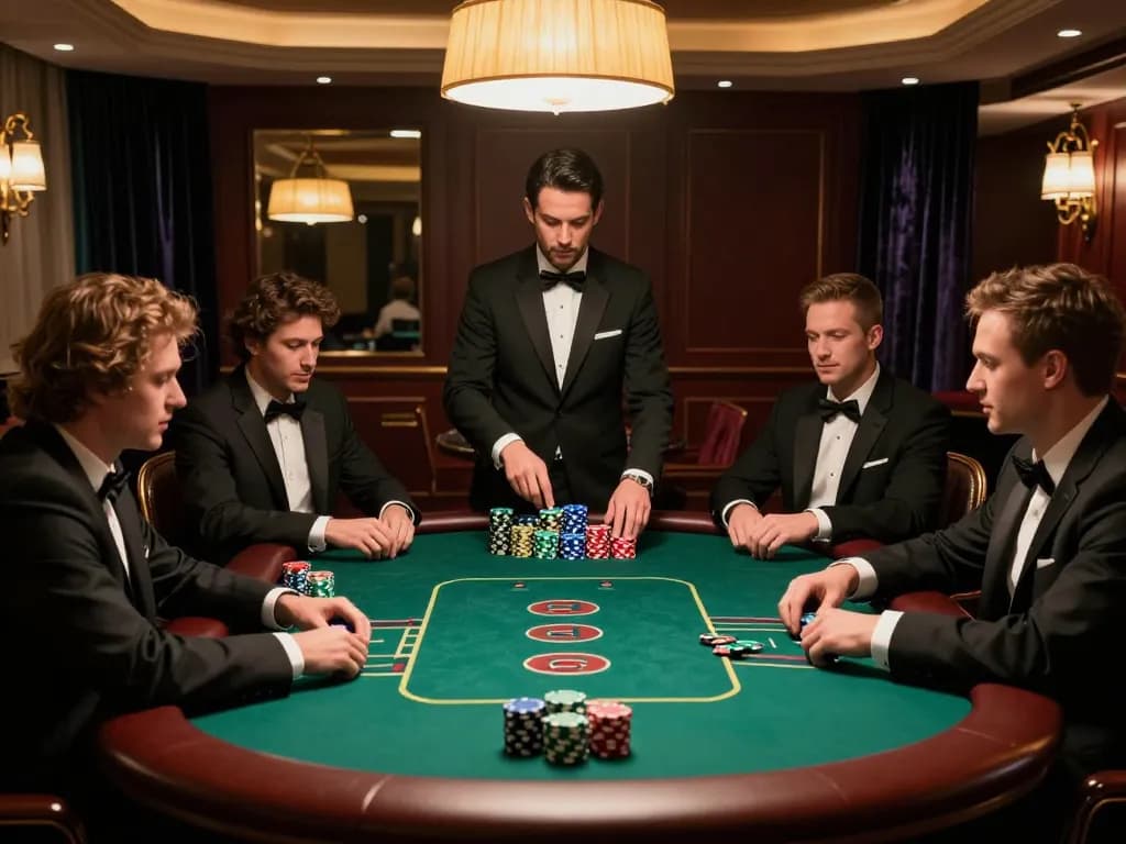 Players strategizing in a Texas Hold'em game at five88 top casino with ambiance lighting.