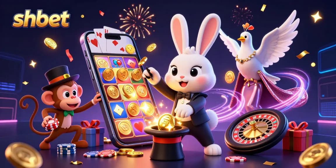 Experience shbet's thrilling slots and games with a vibrant casino-themed illustration filled with action and excitement.