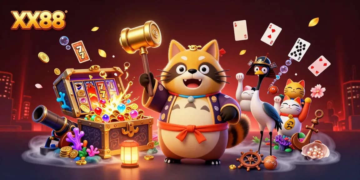 Win big at XX88 with a charming tanuki and fortune cats surrounded by slots and treasure!