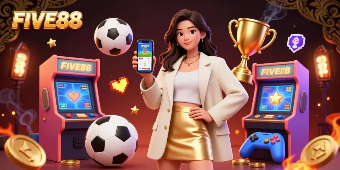 Experience thrilling sports betting with FIVE88, featuring a friendly Asian woman showcasing a sports app.