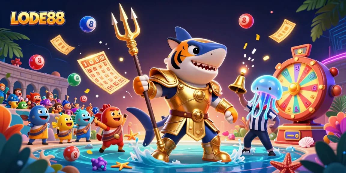 Engage with LODE88 in a vibrant underwater casino scene featuring dynamic lottery elements.