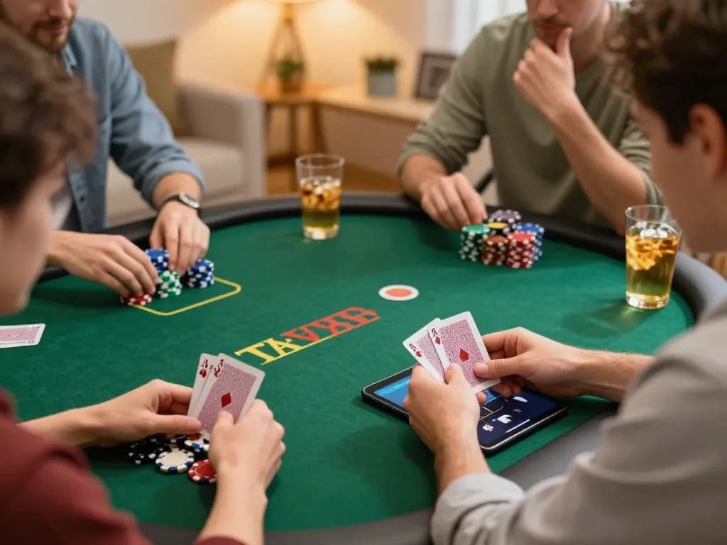 SC88 players strategizing during an online poker game in a cozy living room setting.