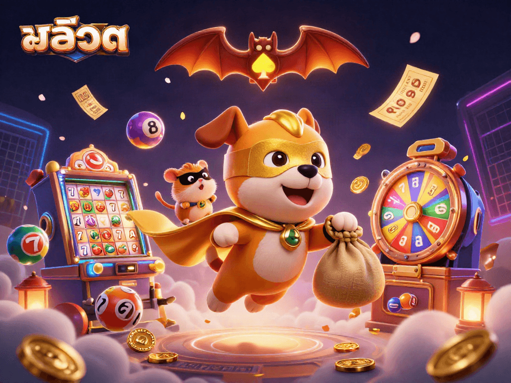 Engage with สล็อต excitement as a superhero dog flies with gold coins amidst dynamic casino elements.