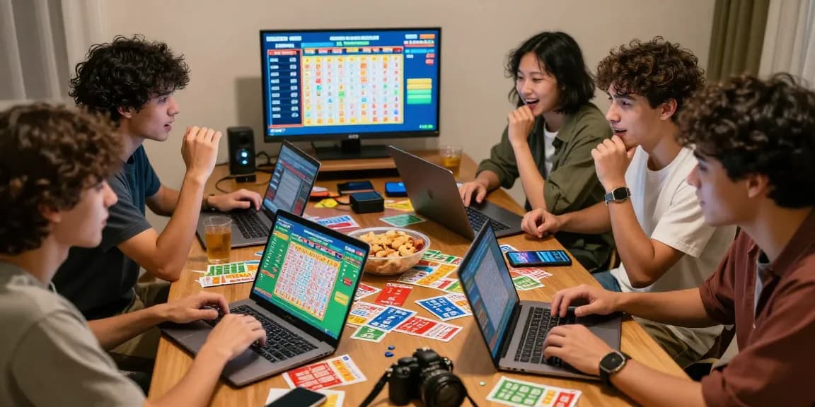 Aktivitas seru juragan togel di antara teman-teman dengan tiket lotere berwarna-warni dan layar menampilkan hasil langsung.