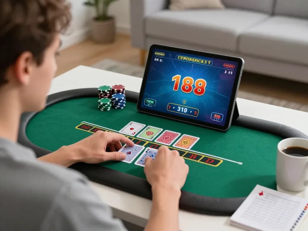Engaging player using tablet for live blackjack on winstrike69, showcasing strategic gameplay.