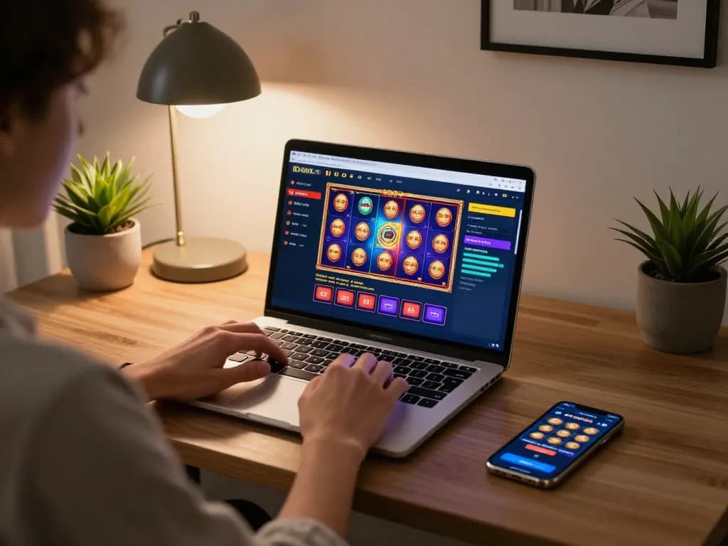 Player engaged with IDC88JOKER online gaming on a stylish laptop, showcasing vibrant slot graphics.