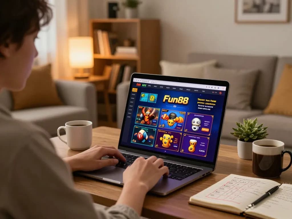 Experience Fun88 casino gaming on a laptop in a cozy home setting with betting strategies.