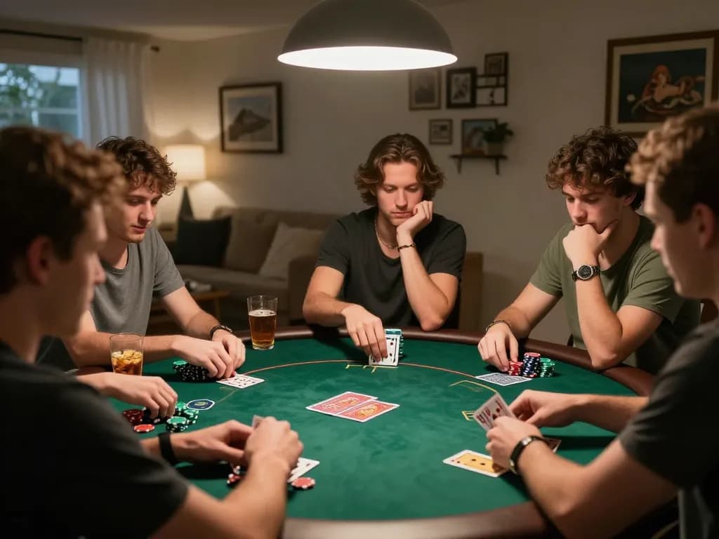 Friends engaged in a thrilling home poker night, practicing idn poker strategies with focused expressions and stacks of chips.