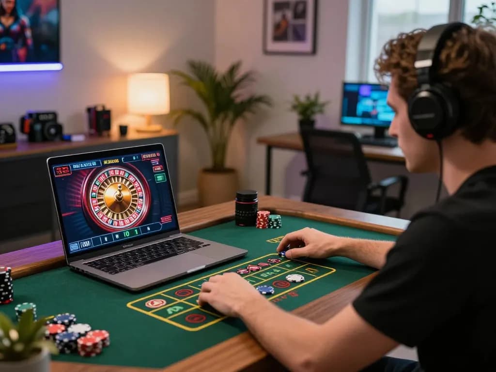 Player enjoying live dealer game on laptop while using LGOSUPER for online gambling.