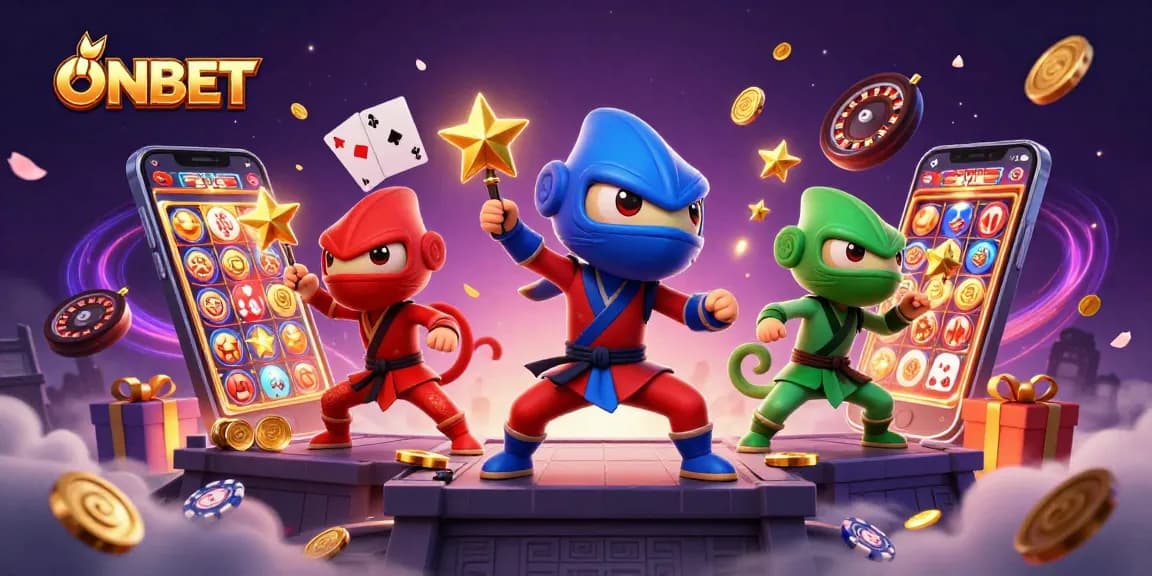 Engage in thrilling casino activities at ONBET with dynamic chameleon ninjas showcasing vibrant gambling elements.