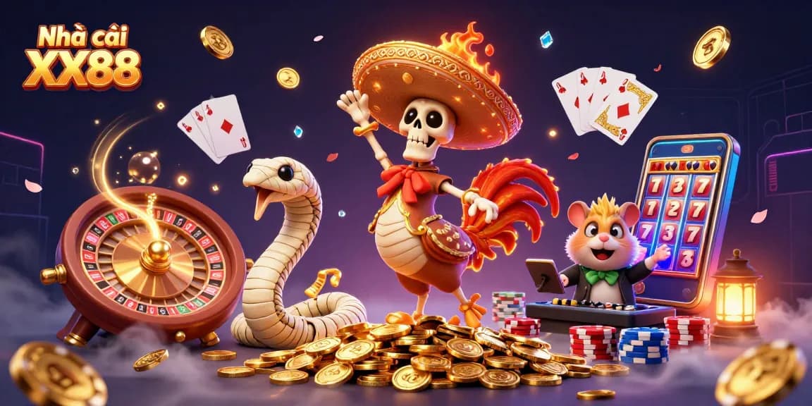 Experience fun at Nhà cái XX88 with vibrant gambling characters dancing on golden coins!