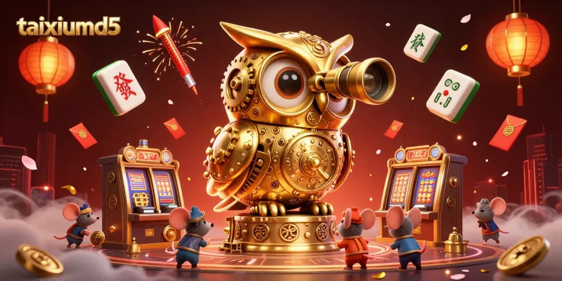 Exciting taixiumd5 casino illustration showcasing a golden owl and animated characters among vibrant game symbols.