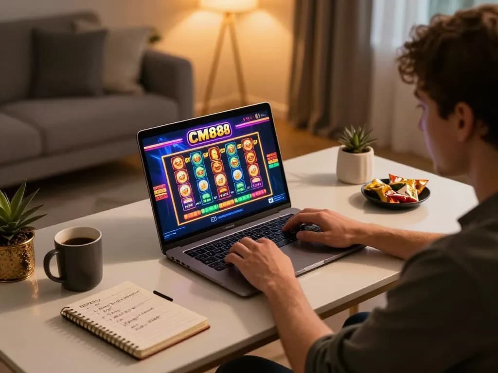 Engaged player enjoying slot games on CM88 in a cozy home setting.