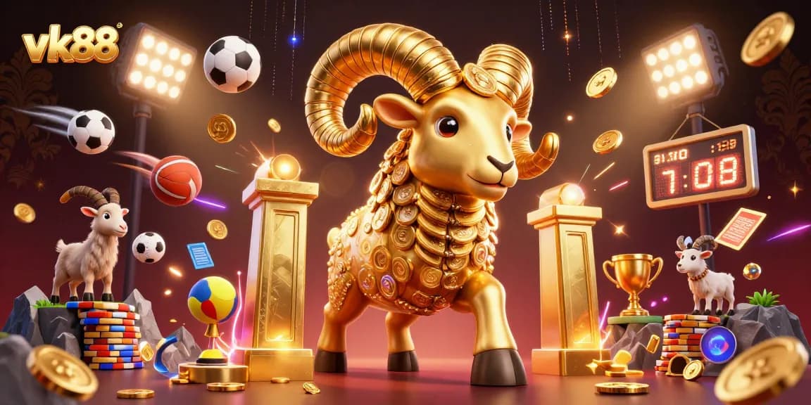 Engage with vk88's vibrant gaming scene featuring sports balls, golden ram, and dynamic casino elements.