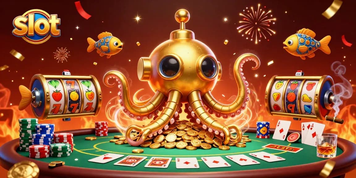 Spin the slot reels to win big with dynamic 3D elements and golden kraken submarine.