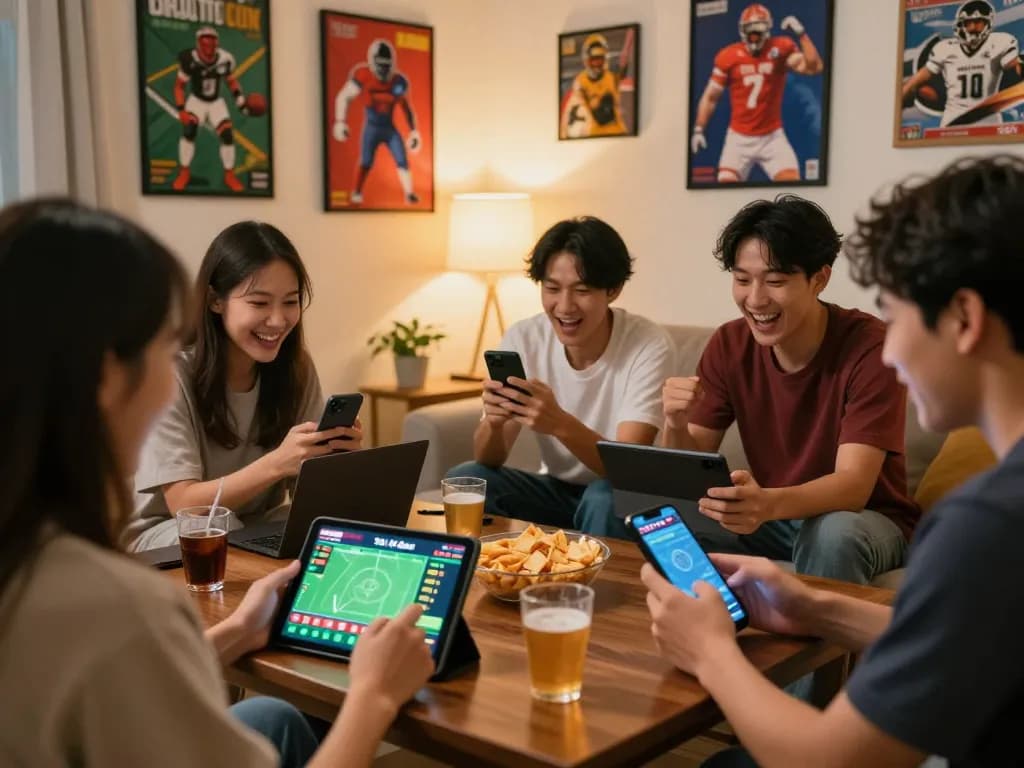 Soi Kèo betting excitement with friends engaging in mobile sports wagering during a game night.