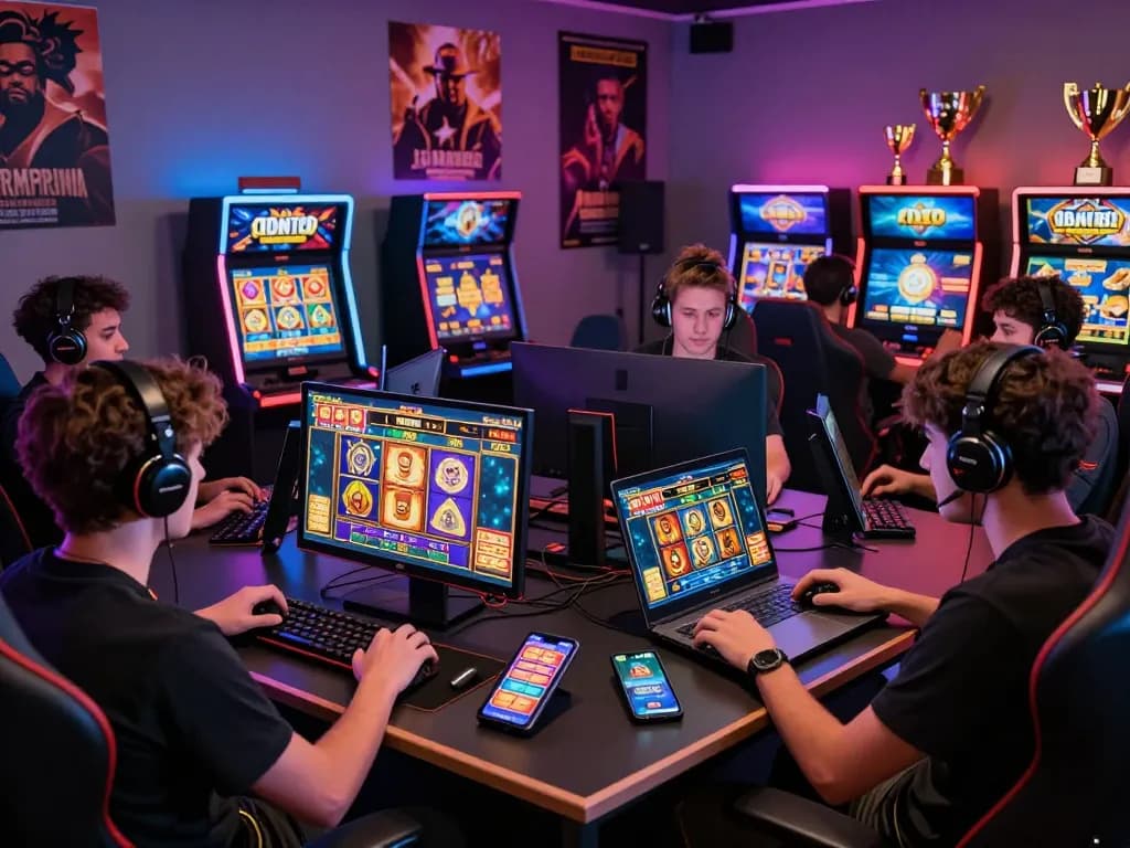 Pemain menikmati permainan slot online laoban188 di berbagai perangkat dalam lingkungan permainan yang aman dan berwarna-warni.