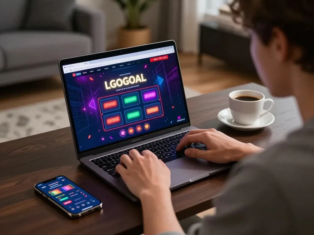 Person engaging with the LGOGOAL online casino, displaying a vibrant gaming interface on a laptop.