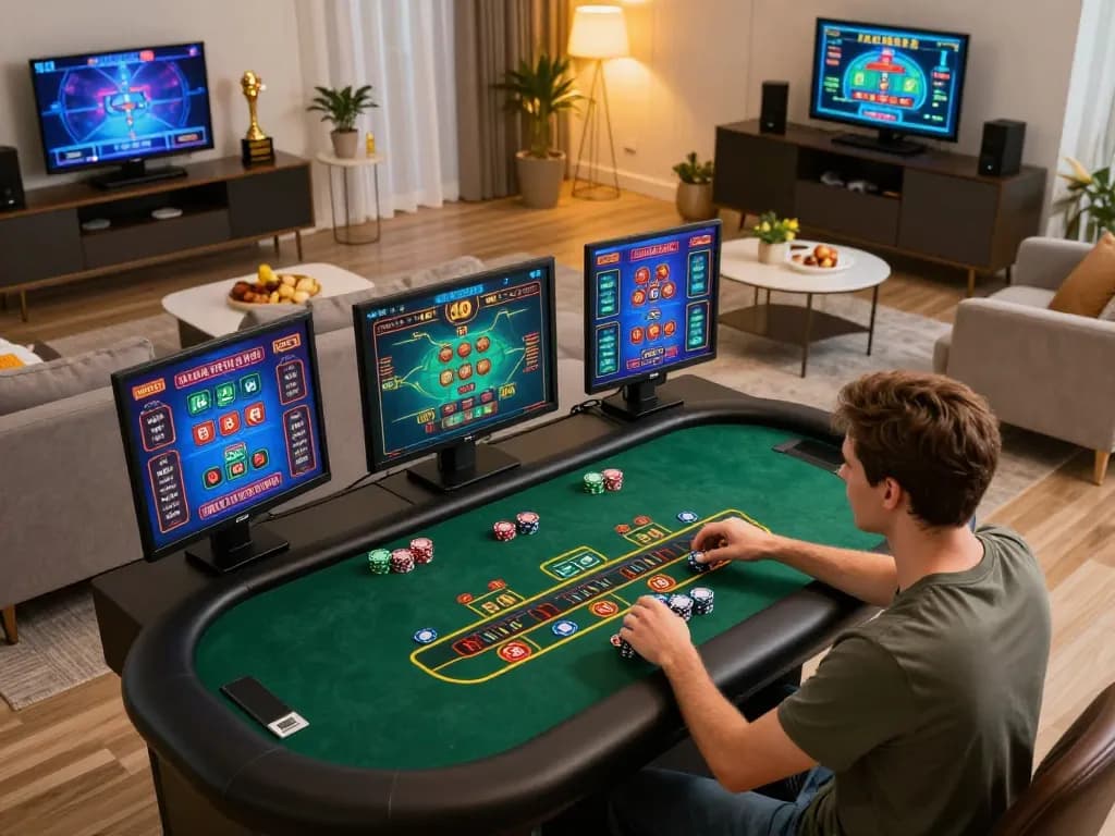 Online player engaging with blackjack at 888VI COM setup, showcasing home gaming excitement.