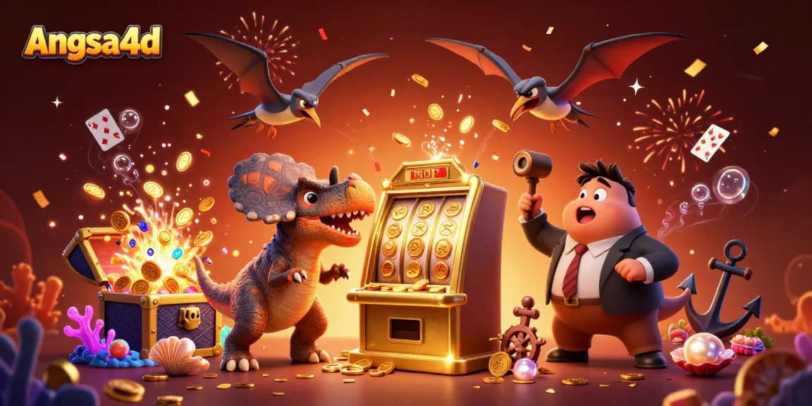 Catch the jackpot with angsa4d as a pachycephalosaurus celebrates victory at a golden slot machine.