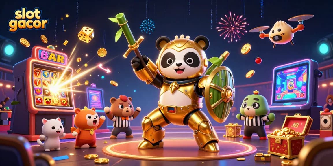 Experience slot gacor action with a vibrant 3D panda mech battling in a dynamic casino scene.