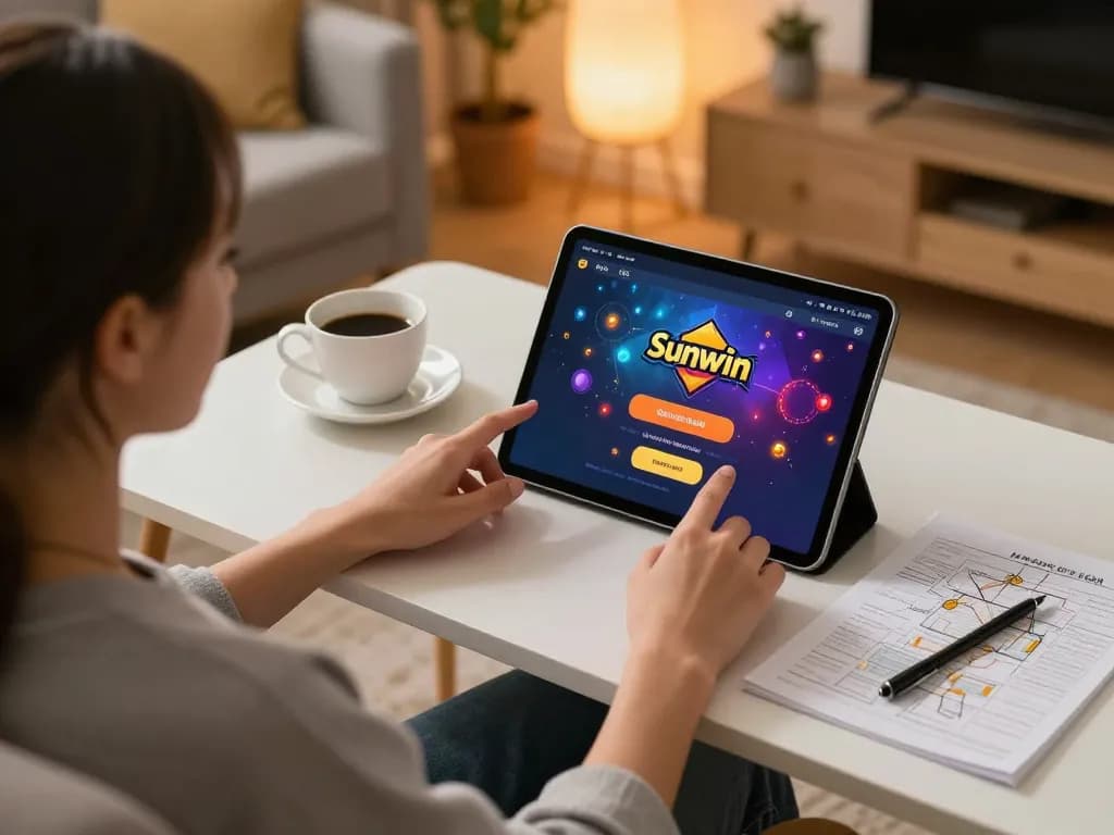 Engaging with the Sunwin casino app on a tablet at home, showcasing responsible gaming.
