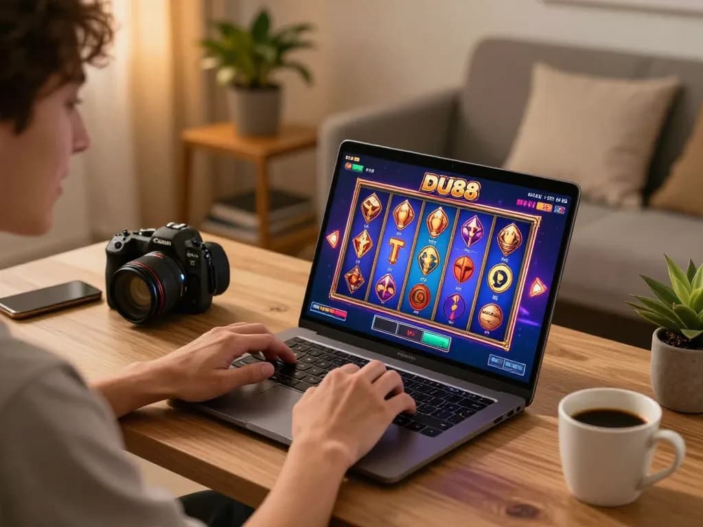 Person playing DU88 online casino game on laptop with vibrant graphics in a cozy home office.