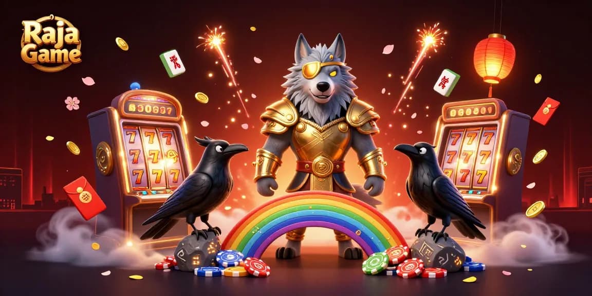 Enjoy thrilling gameplay with Raja Game, featuring slot machines and mythological characters in a vibrant casino setting.