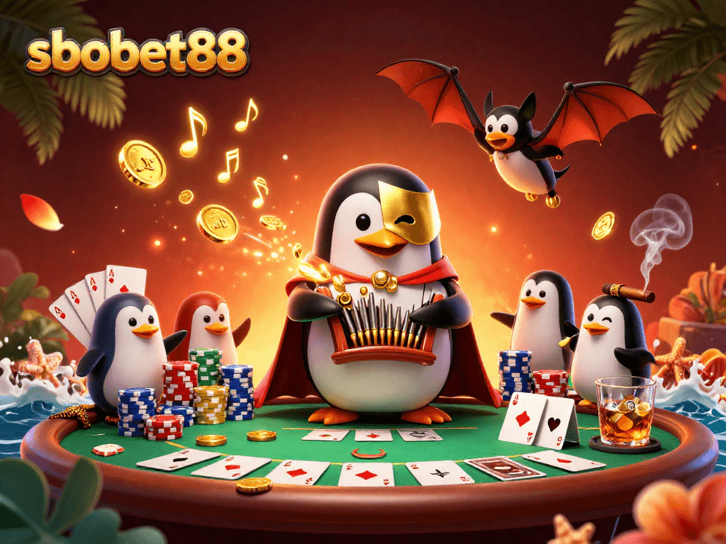 Engage in exciting sbobet88 betting with a dynamic gaming scene featuring poker elements.