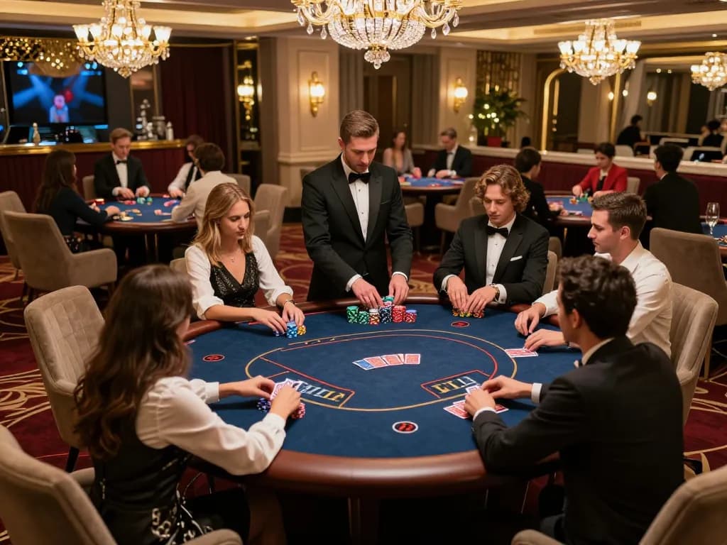VIPwin players strategizing in upscale casino poker room featuring elegant decor and dynamic gameplay