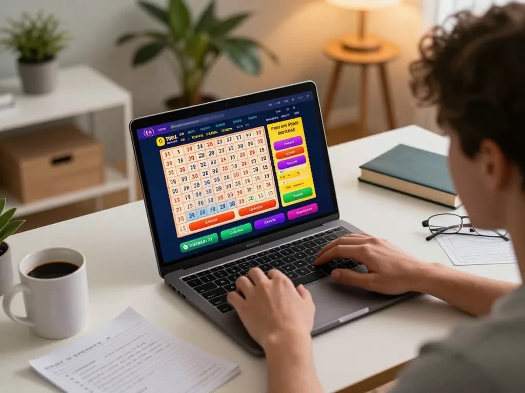 Pemain yang terlibat menggunakan laptop untuk pengalaman interaktif permainan togel bandar online di lingkungan kantor rumah modern.