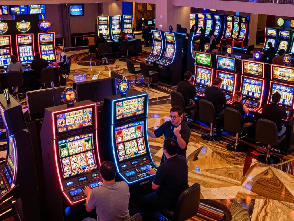 Players celebrating a win on link slot machines in a vibrant casino atmosphere