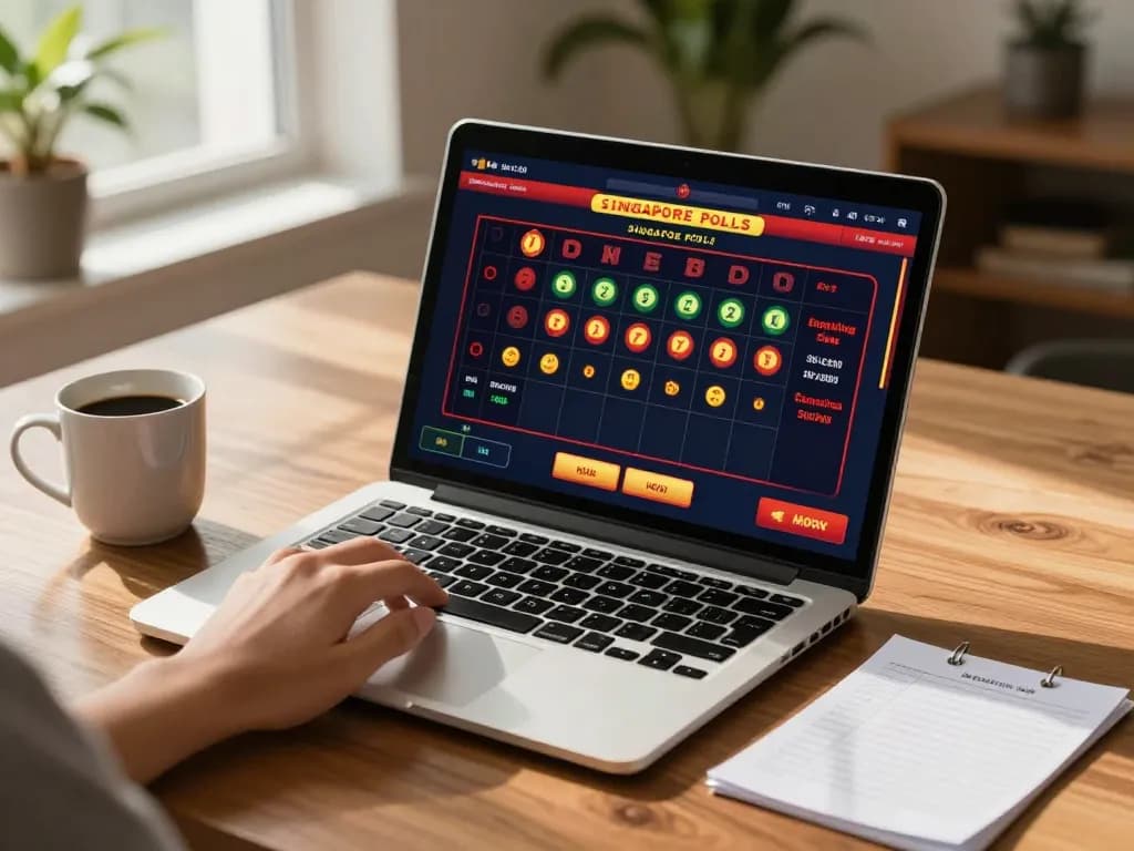 Monitor displaying pengeluaran singapore live draw results while a hand prepares to place a bet.