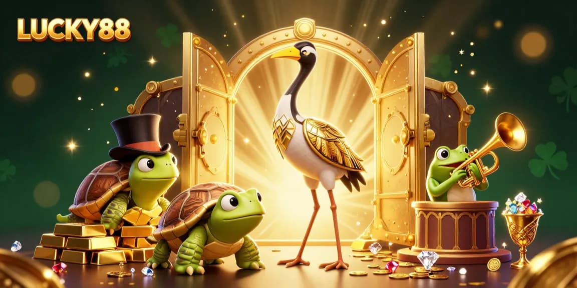 Experience thrilling games at LUCKY88 with a vibrant illustration of a lively casino scene featuring rich details.