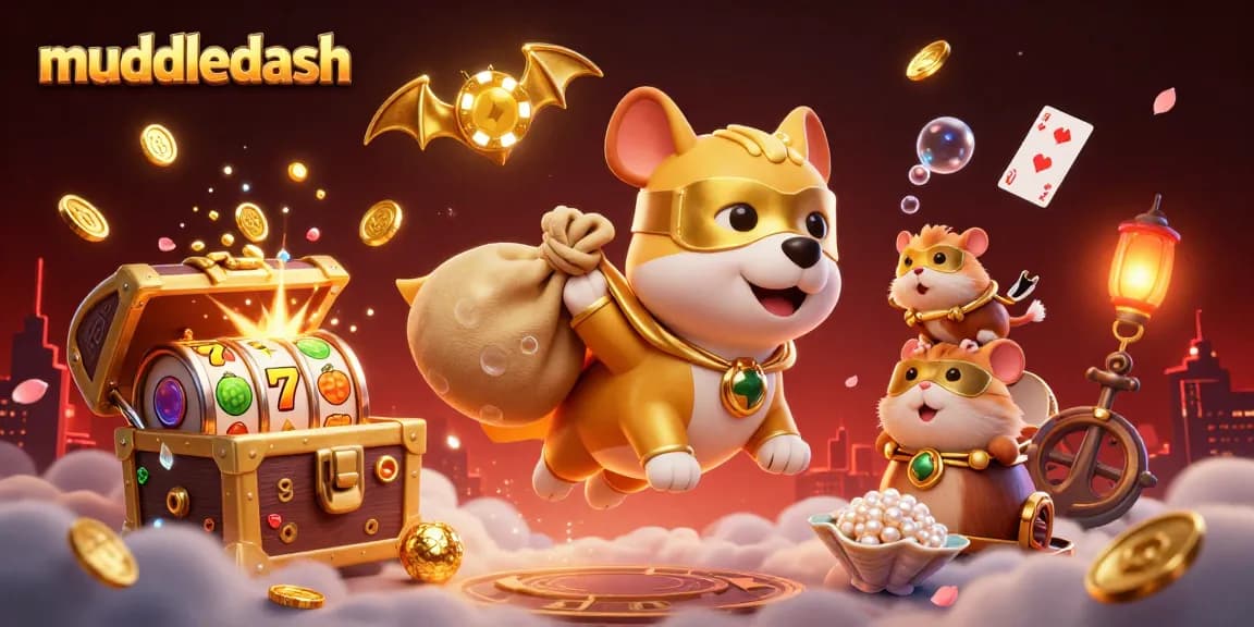 Catch the excitement of muddledash with a superhero dog flying over coins and casino elements!