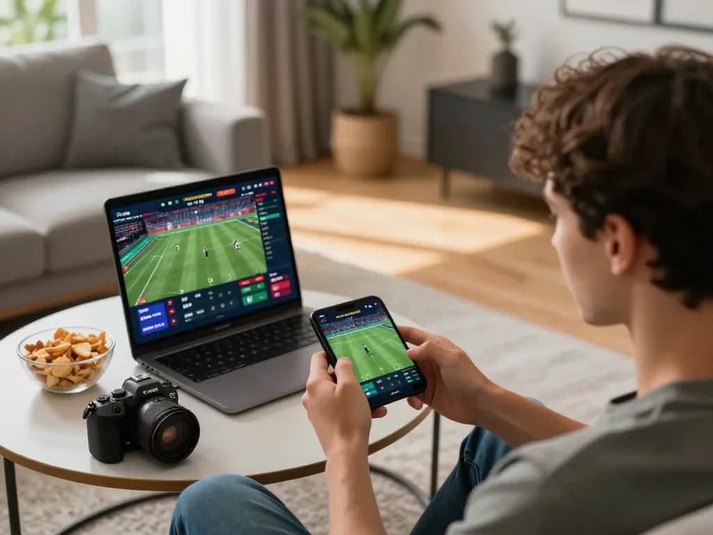 A person engaged in sports betting on their mobile device at home, showcasing the excitement of phdream6268 entertainment.