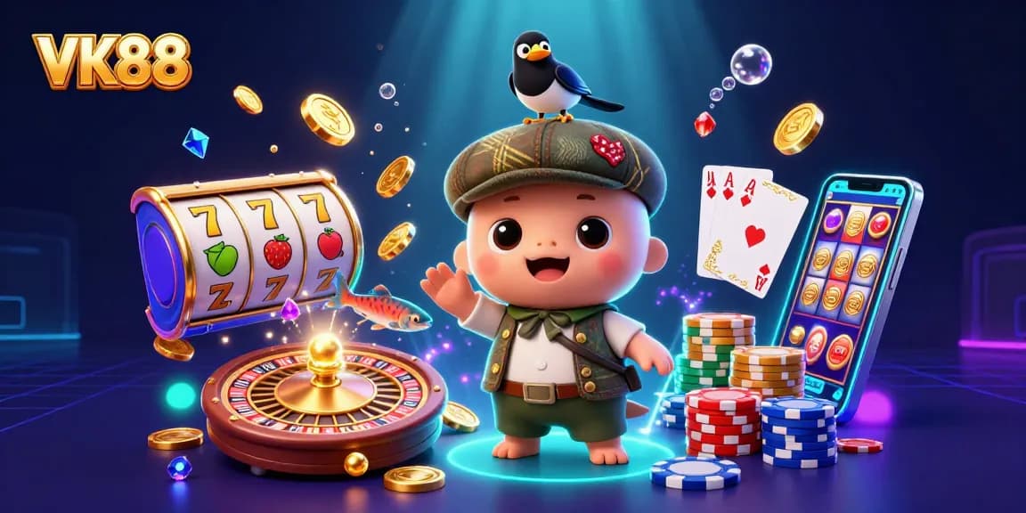 Experience the excitement of VK88 with vibrant slot reels and a whimsical scene featuring baby Nessie.