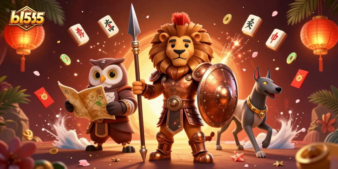 Experience thrilling games at bl555 with a 3D scene featuring a Spartan lion, an owl strategist, and a swift greyhound amidst dynamic gaming elements.