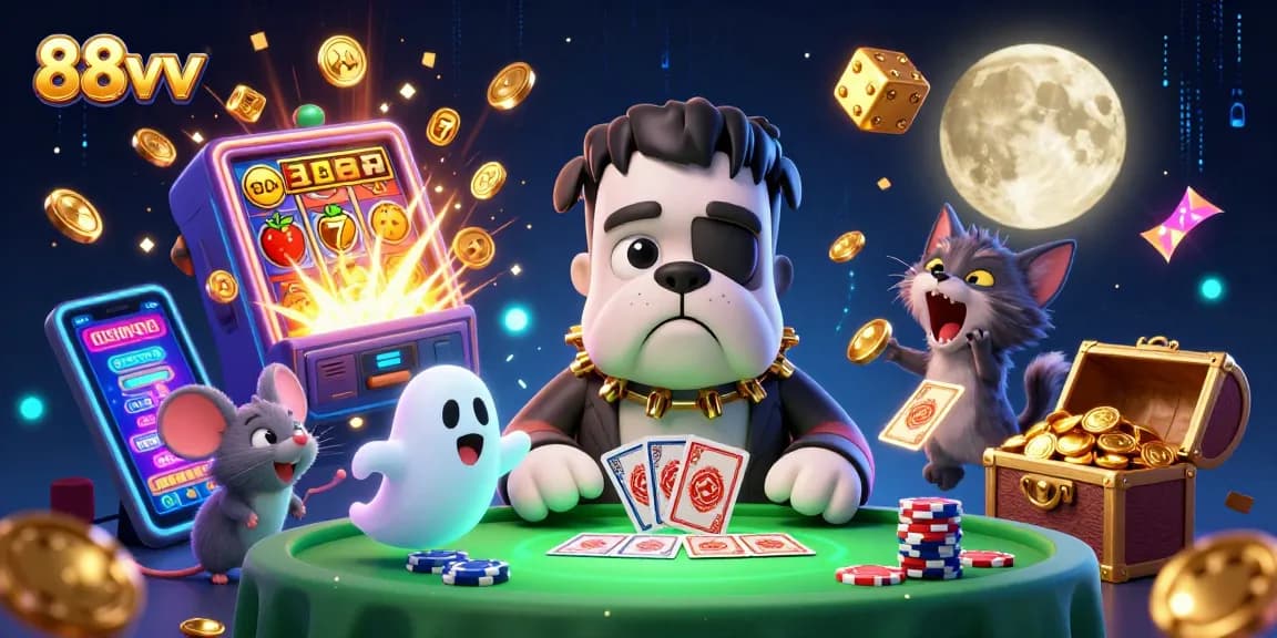 Engage in thrilling action at 88vv with a lively 3D casino scene featuring vibrant character interactions.