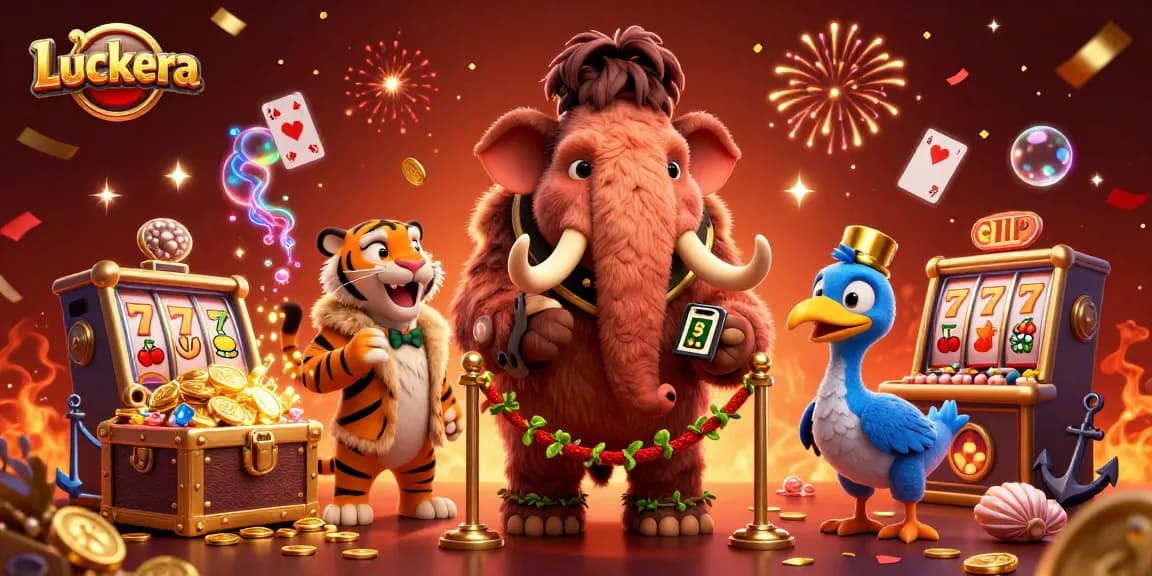 Luckera showcases a vibrant casino scene with a woolly mammoth bouncer, saber-tooth VIP guest, and slot machines.