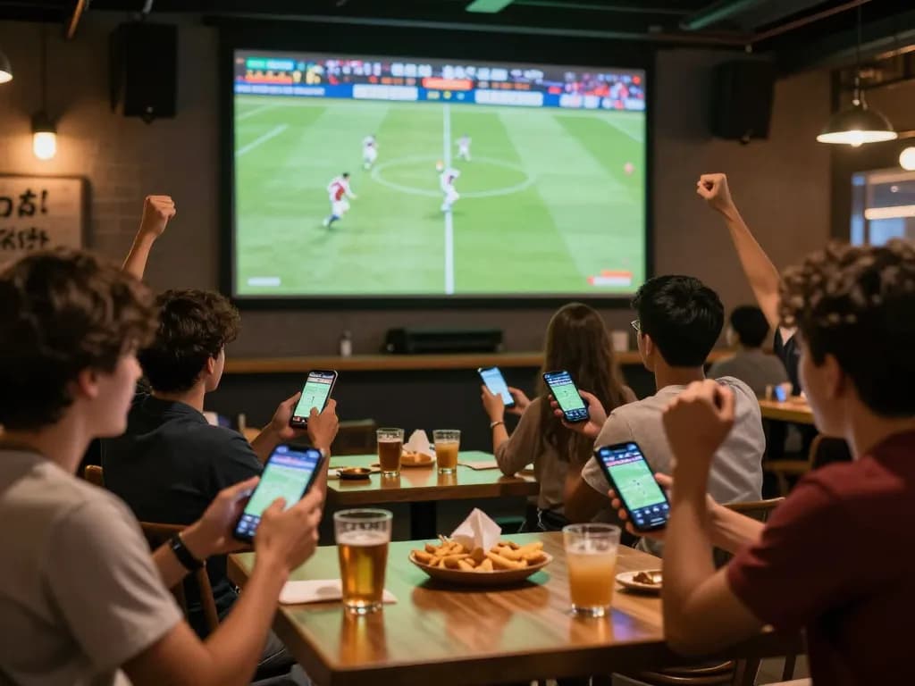 Xoilac users enjoying live football streaming and betting in a vibrant sports bar atmosphere