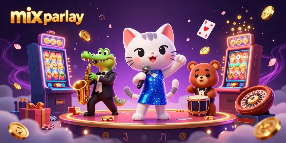 Engage in mix parlay betting with colorful slot machines and fun casino characters.
