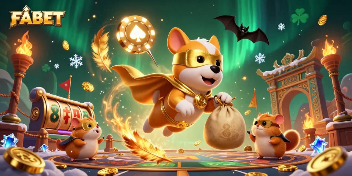 Experience the excitement of FABET with a superhero dog and hamster amidst vibrant casino elements.