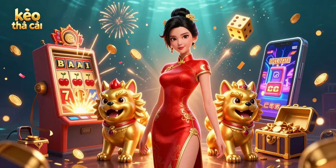 Engage with kèo nhà cái in this vibrant 3D casino scene featuring an elegant Asian woman and dynamic gaming elements.