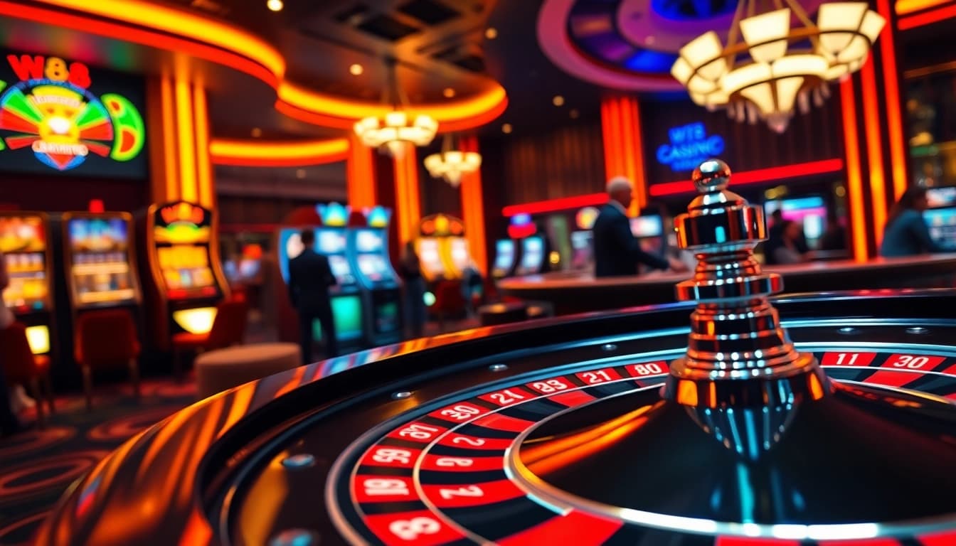 Experience the excitement at W88 ทางเข้า with players gathered around a roulette table.