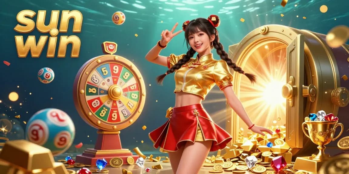 Experience thrilling wins with sun win, a vibrant 3D digital illustration showcasing casino excitement and colorful gaming elements.